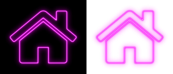 Pink neon house icon glowing on black and transparent backgrounds, bright home outline symbol for real estate, property, and UI design