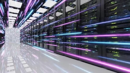 High-speed digital data flowing through futuristic server racks with neon light trails - Powered by Adobe