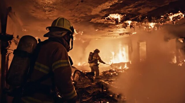 Firefighter advancing through burning building in emergency response. Team combating intense flames and smoke during structure fire. Heroic fire suppression operation in hazardous environment.
