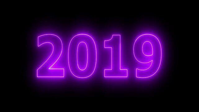 Glowing neon 2019 Happy New Year text with clean neon outlines and subtle. important year, important date 2019. Educational mathematics 2019 animation on background...