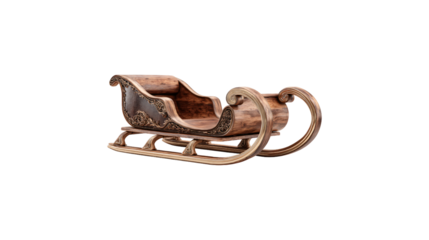 wooden sled isolated on white background, classic winter sled toy side view
