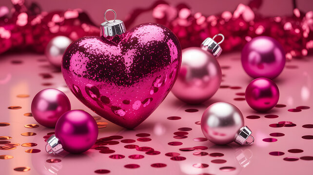 Valentine s day decorations with heart and pearls on pink background with lights