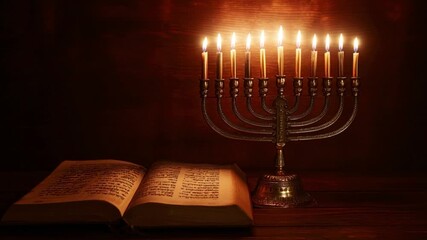 Menorah candles jewish religion faith, sacred hanukkah ritual lighting with open hebrew prayer book on wooden table, spiritual worship tradition, warm candlelight symbolism, synagogue ceremony, religi