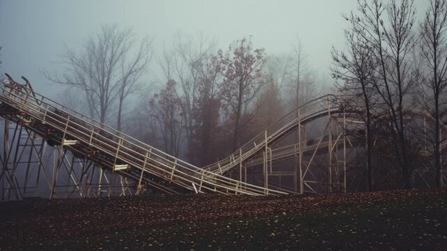 Abandoned roller coaster emerging through thick fog in early morning light, eerie amusement park ruins, melancholic atmosphere, forgotten attraction, cinematic urban decay scene.
