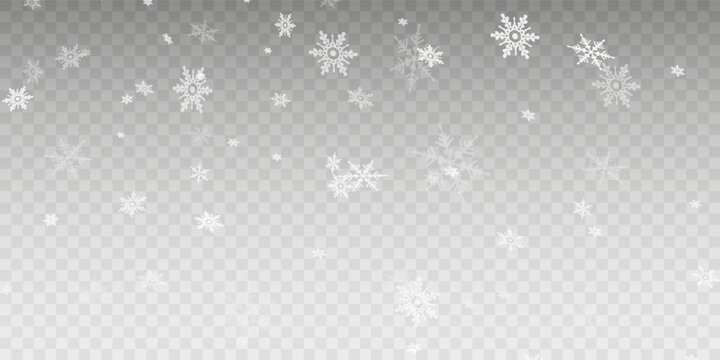 Snowfall sky white transparent wallpaper. Flat snowflakes january vector. Snow hurricane landscape. Set of snow icicles isolated on transparent background. Vector illustration