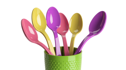 A green bowl with a bunch of plastic spoons in it. The spoons are in different colors