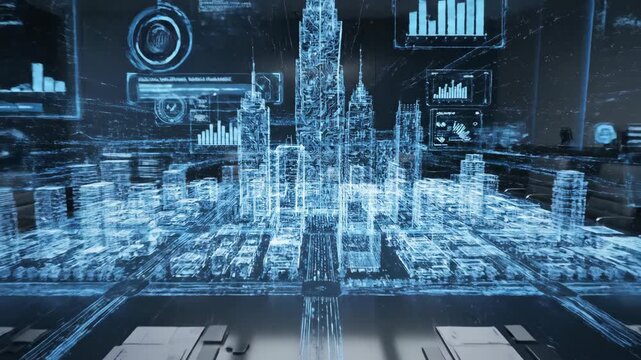 Fast aerial drone flight over holographic cityscape. Digital data overlays with graphs and maps on urban structures. Futuristic virtual reality visualization for technology and city planning concepts.