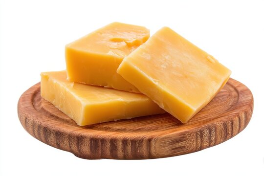 Kashkaval Delight: Slices of Hard Cheese on a Serving Board Against a Clean White Background