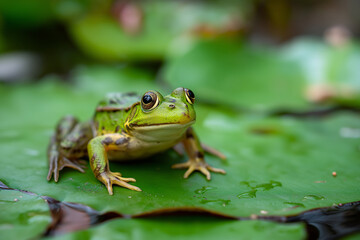 Fototapeta premium This captivating image showcases a green frog perched gracefully on a lily pad amidst serene water, perfectly illustrating the harmony of nature and its tranquil beauty.
