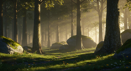 Sunlit Forest Glade with Mossy Rocks and Trees