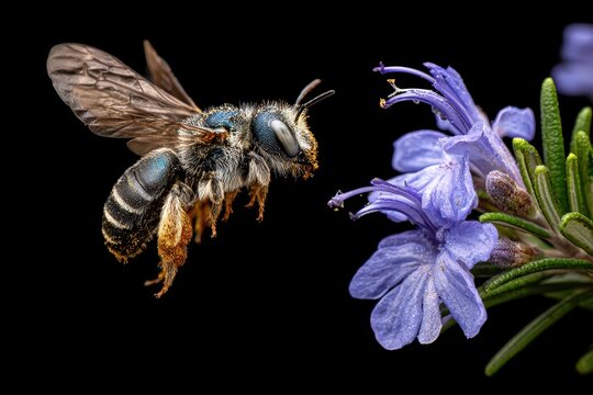 Mason Bee (Osmia Lignaria) in Flight, Pollinating Vibrant Rosemary Flower &acirc;&euro;&ldquo; A Glimpse into Oregon's Natural Ecosystem