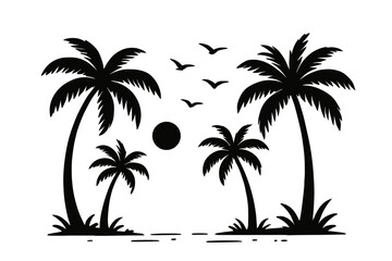 Fototapeta premium Silhouette of palm trees and birds at sunset on white background