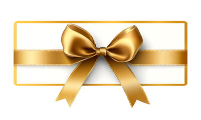 White gift voucher with gold ribbon and bow, Elegant white gift voucher featuring a gold ribbon and bow, isolated on transparent background 
