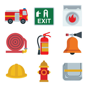 Emergency firefighting icon collection, fire truck hydrant helmet alarm hose symbols, rescue response equipment theme, flat vector design