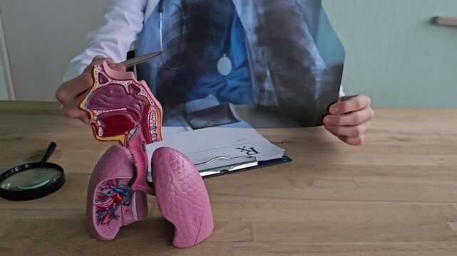 Medical student studies anatomy with model of lungs and X-ray images at a desk in a classroom setting