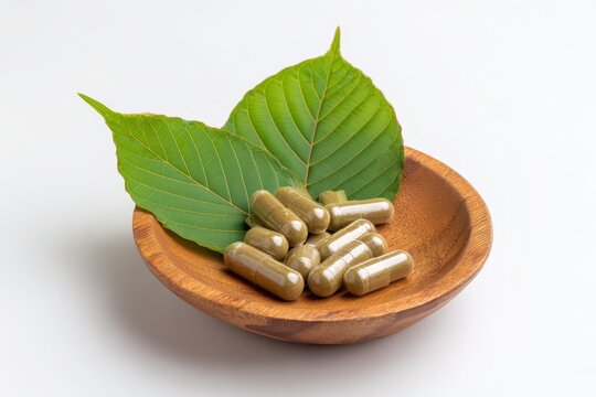 Mitragyna Speciosa Capsules in Wooden Bowl Surrounded by Green Leaf on Bright White Background