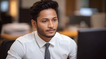 Fototapeta premium A focused professional man in a white shirt and tie intently looking at a computer screen in a modern office setting