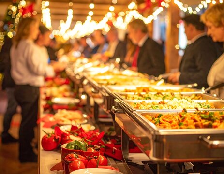 Holiday party buffet line featuring chafing dishes filled with hot food and guests mingling under warm lights