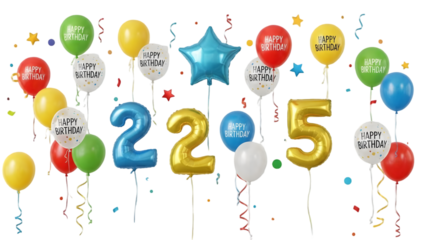 Vibrant colorful balloons and star shaped helium filled party decorations with happy birthday text and 22 and 25