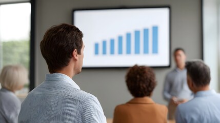 A group of professionals attentively watches a bar graph presentation on a large screen in a modern office meeting room