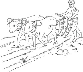 Cute cartoon hand drawn vector Indian farmer with plough in paddy field outline.