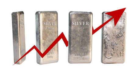 Silver Metal Bars with graph arrow going up in transparent PNG format