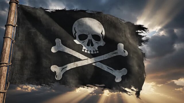 Pirate Flag Waving in the Wind Against a Dramatic Sky.