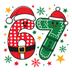 Whimsical Christmas Numbers 6 7 with Santa and Gingerbread Style
