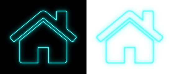 Cyan neon house icon glowing on black and transparent backgrounds, bright home outline symbol for real estate, property, and UI design