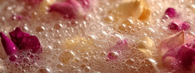 Fototapeta premium Beautiful Petals Floating on the Surface of a Warm Bath with Gentle Bubbles Creating a Relaxing Atmosphere
