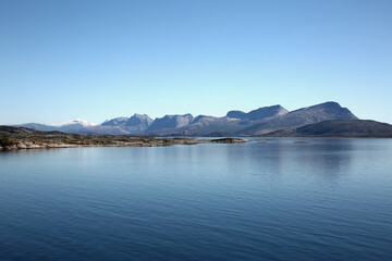 Beautiful scenic landscape of fjords, islands, inside passages; the Andfjorden & Vestfjorden, between Bodo & Hammerfest, Norway.