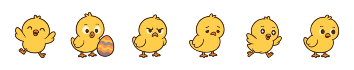 Adorable yellow cartoon chicks expressing diverse emotions and actions: happy, curious with an Easter egg, angry, sad, excited, and neutral. Cute vector set, isolated on white.