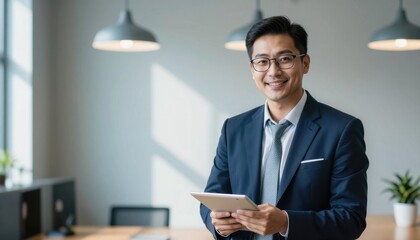 Business professional engaging with digital tablet in modern office space urban environment portrait view for corporate success