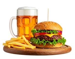Angled Side View of Burger, Fries, and Beer on Wooden Board, Rustic Style