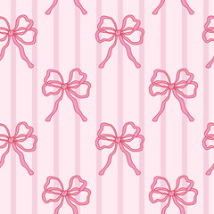 Seamless pattern with ribbon bows on soft pink striped background. Romantic feminine design for gift wrap, wallpaper, textile prints and decorative surfaces.