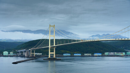 Muroran, Hokkaido, Japan - Oct 04 2024, panoramic view of the cable-stayed Hakucho Bridge, at daytime, Muroran, Japan