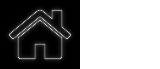 White neon house icon glowing on black and transparent backgrounds, bright home outline symbol for real estate, property, and UI design