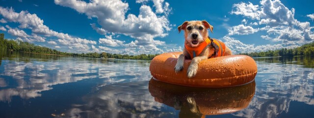 Happy Dog in Life Jacket Relaxing on Floating Donut in Calm Water Under Cloudy Blue Sky