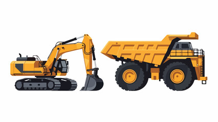 Heavy yellow construction vehicles, an excavator and a dump truck, essential machinery for earthmoving, mining, and large-scale building projects