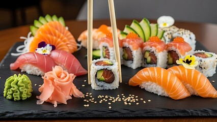 Delicious Sushi Platter with Assorted Rolls and Sashimi