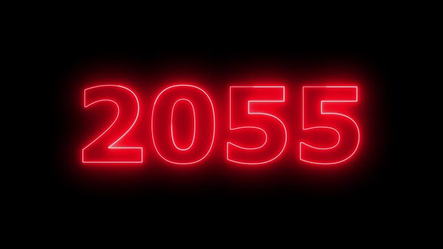 Glowing neon 2055 Happy New Year text with clean neon outlines and subtle. important year, important date 2055. Educational mathematics 2055 animation on background...