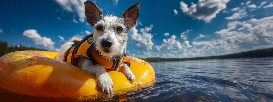 Adorable Dog in a Life Jacket Relaxing on an Inflatable Donut in Calm Waters Under a Blue Sky