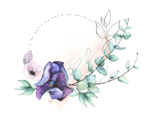 Watercolor hand painted violet hydrangea, turquoise eucalyptus twigs, pink wild flower and dotted line round frame. Floral arrangement design template