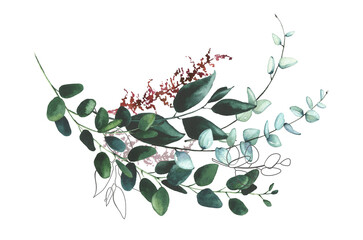 Watercolor hand painted turquoise and dark green eucalyptus branches, burgundy dry twig bouquet arrangement . Greenery template design clipart