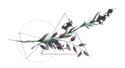Watercolor hand painted black lavender twig, violet branch and geometric shapes line art. Floral arrangement clipart template. Sacral design.