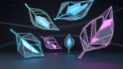Floating Neon Diamond Fragments: Abstract Geometric Crystal Shapes in Neon Light.
