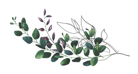 Watercolor hand painted turquoise, violet and dark green eucalyptus branches, line art bouquet arrangement . Greenery template design clipart