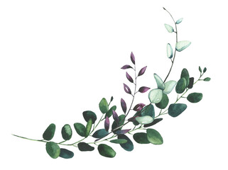 Watercolor hand painted turquoise, violet and dark green eucalyptus branches bouquet arrangement . Greenery template design clipart
