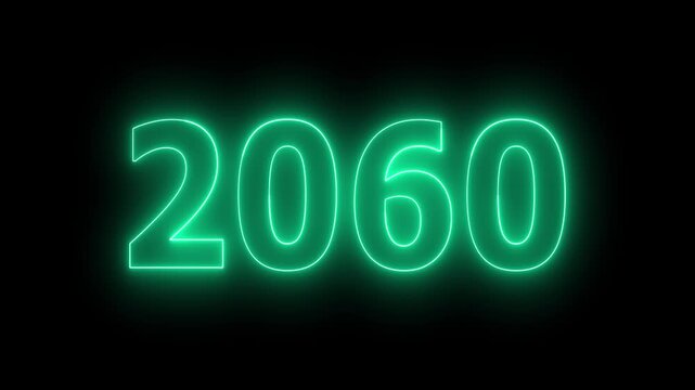 Glowing neon 2060 Happy New Year text with clean neon outlines and subtle. important year, important date 2060. Educational mathematics 2060 animation on background...