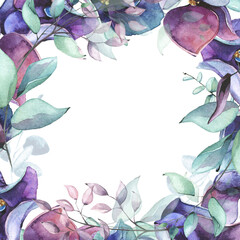 Watercolor hand painted blue, violet, purple hydrangea flowers, turquoise eucalyptus branches wreath frame. Floral template design.